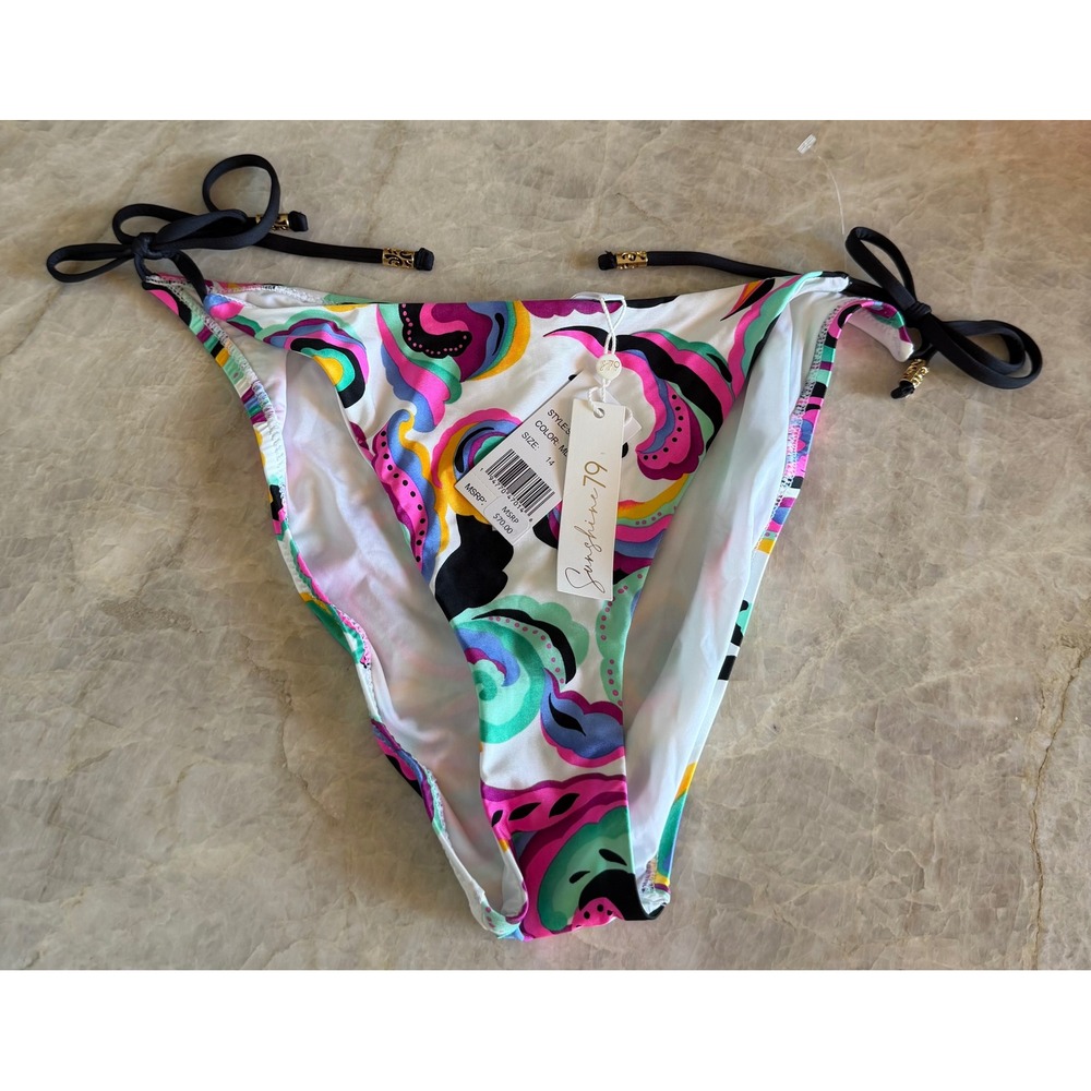 NWT Sunshine 79 Multi Color Psychedelic Paisley Side Tie Bikini Bottom Size 14